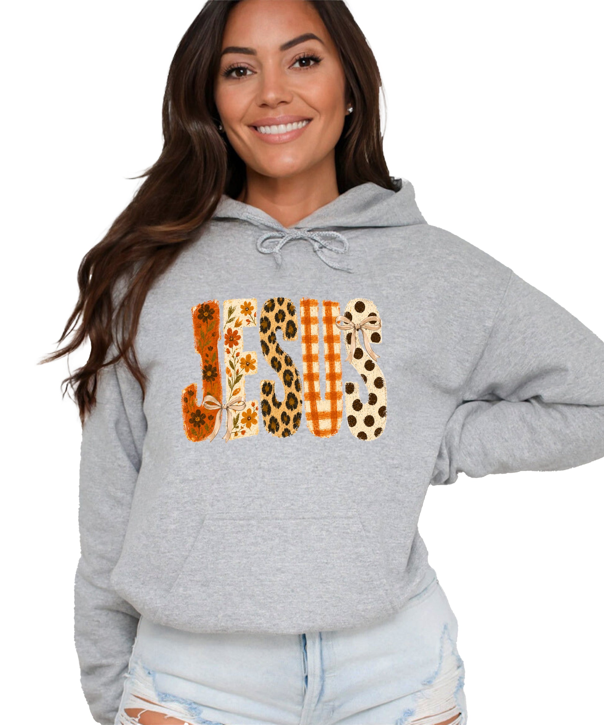 Jesus floral leopard coquette bow Christian hoodie in Gray, front view