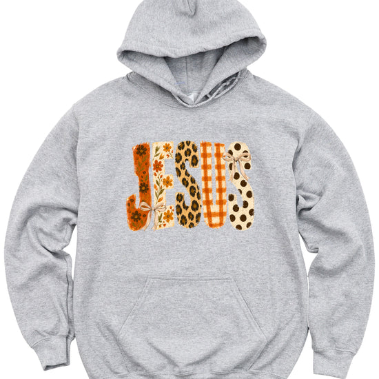 Jesus floral leopard coquette bow Christian hoodie in Gray, detail view