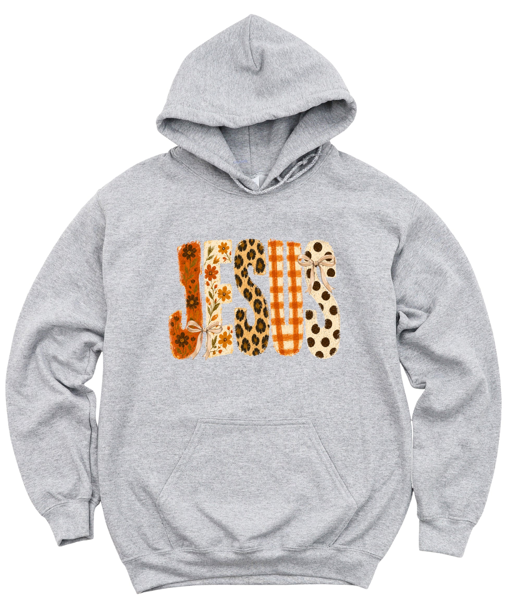 Jesus floral leopard coquette bow Christian hoodie in Gray, detail view
