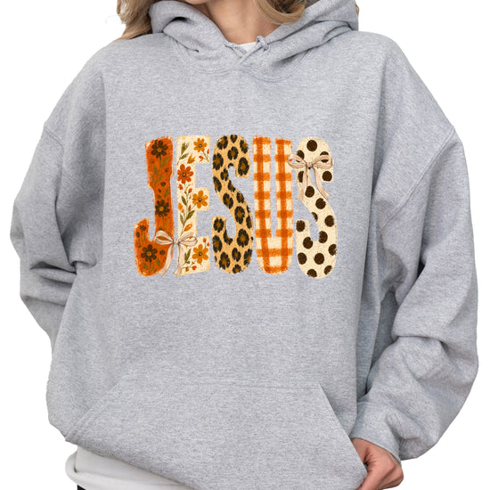 Jesus floral leopard coquette bow Christian hoodie in Gray, styled view