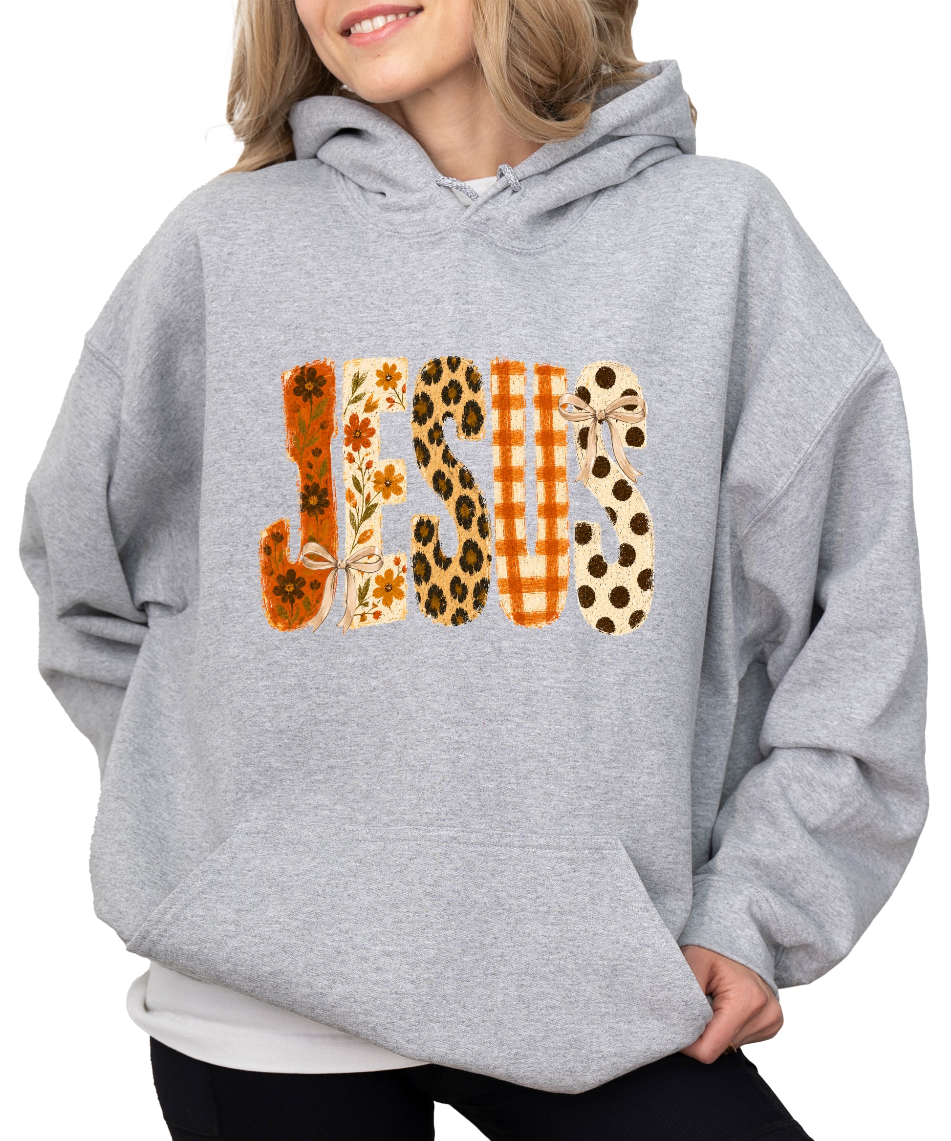 Jesus floral leopard coquette bow Christian hoodie in Gray, styled view
