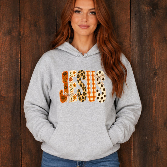 Jesus floral leopard coquette bow Christian hoodie in Gray, model view