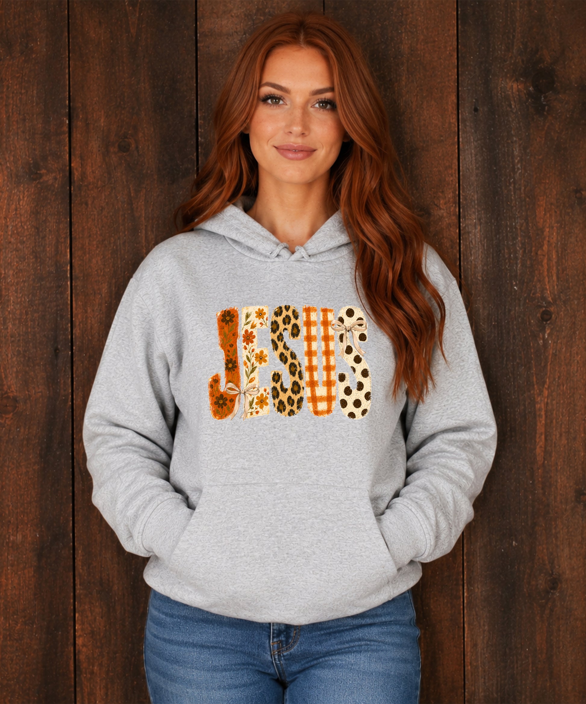 Jesus floral leopard coquette bow Christian hoodie in Gray, model view