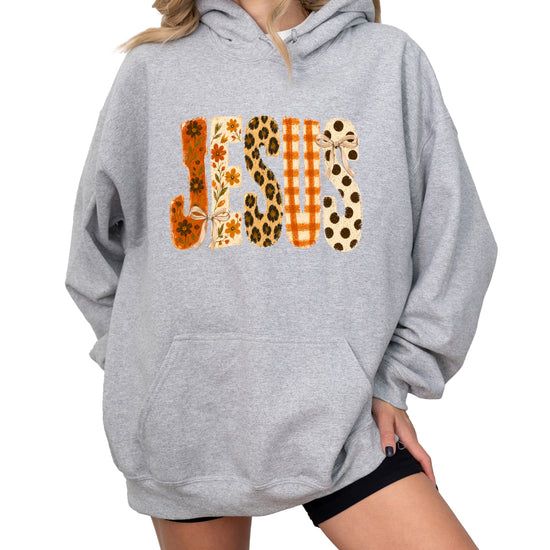 Jesus floral leopard coquette bow Christian hoodie in Gray, lifestyle view