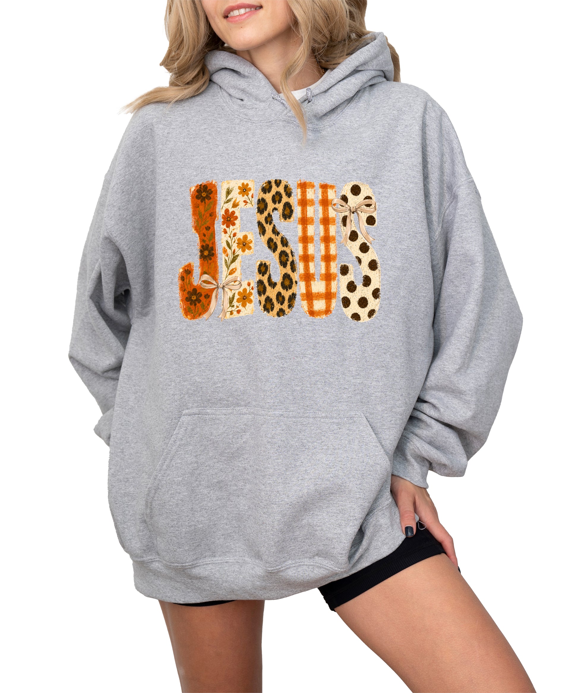 Jesus floral leopard coquette bow Christian hoodie in Gray, lifestyle view