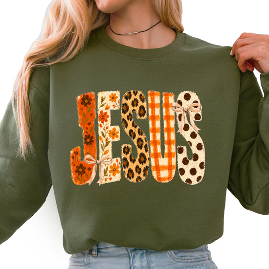 Jesus fall floral leopard Christian faith crewneck sweatshirt in Army Green, front view