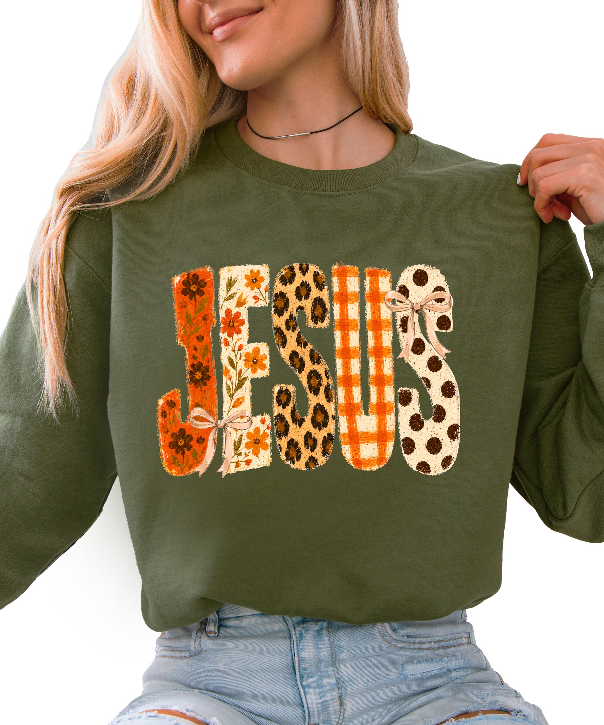 Jesus fall floral leopard Christian faith crewneck sweatshirt in Army Green, front view