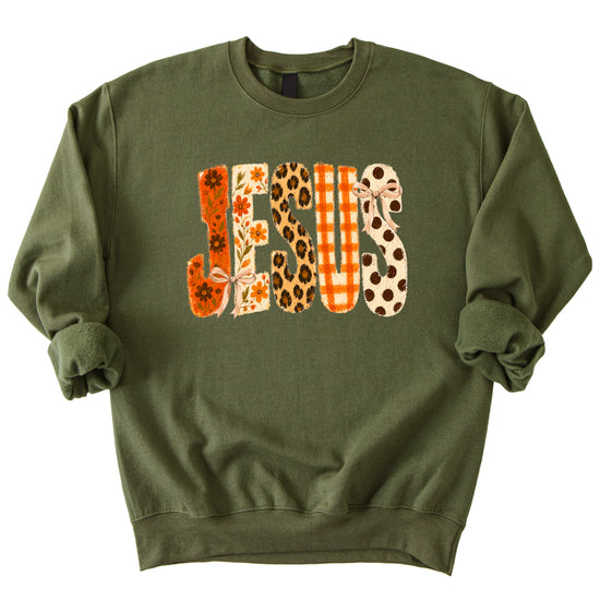 Army Green Jesus fall floral sweatshirt, styled on model