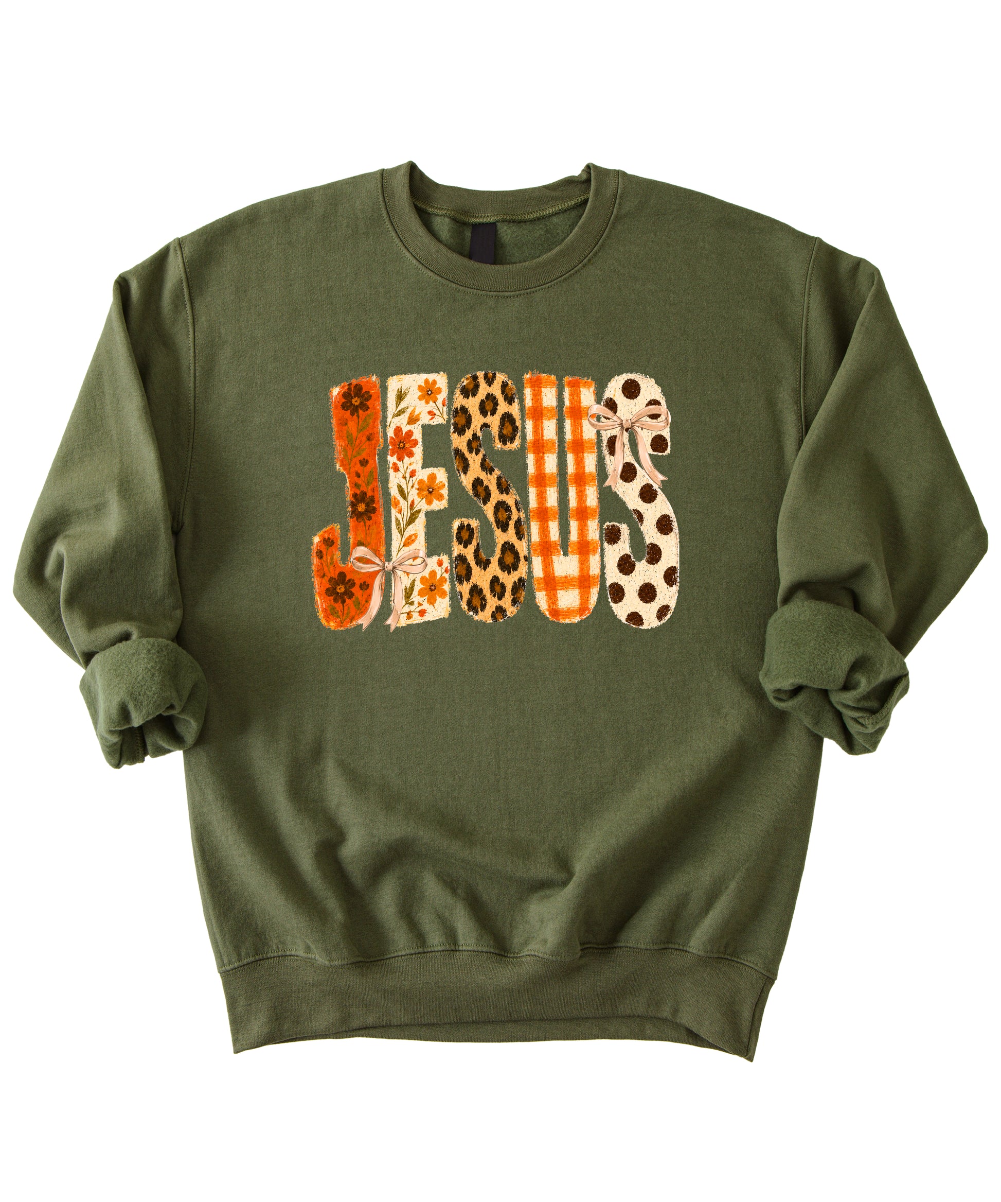 Army Green Jesus fall floral sweatshirt, styled on model