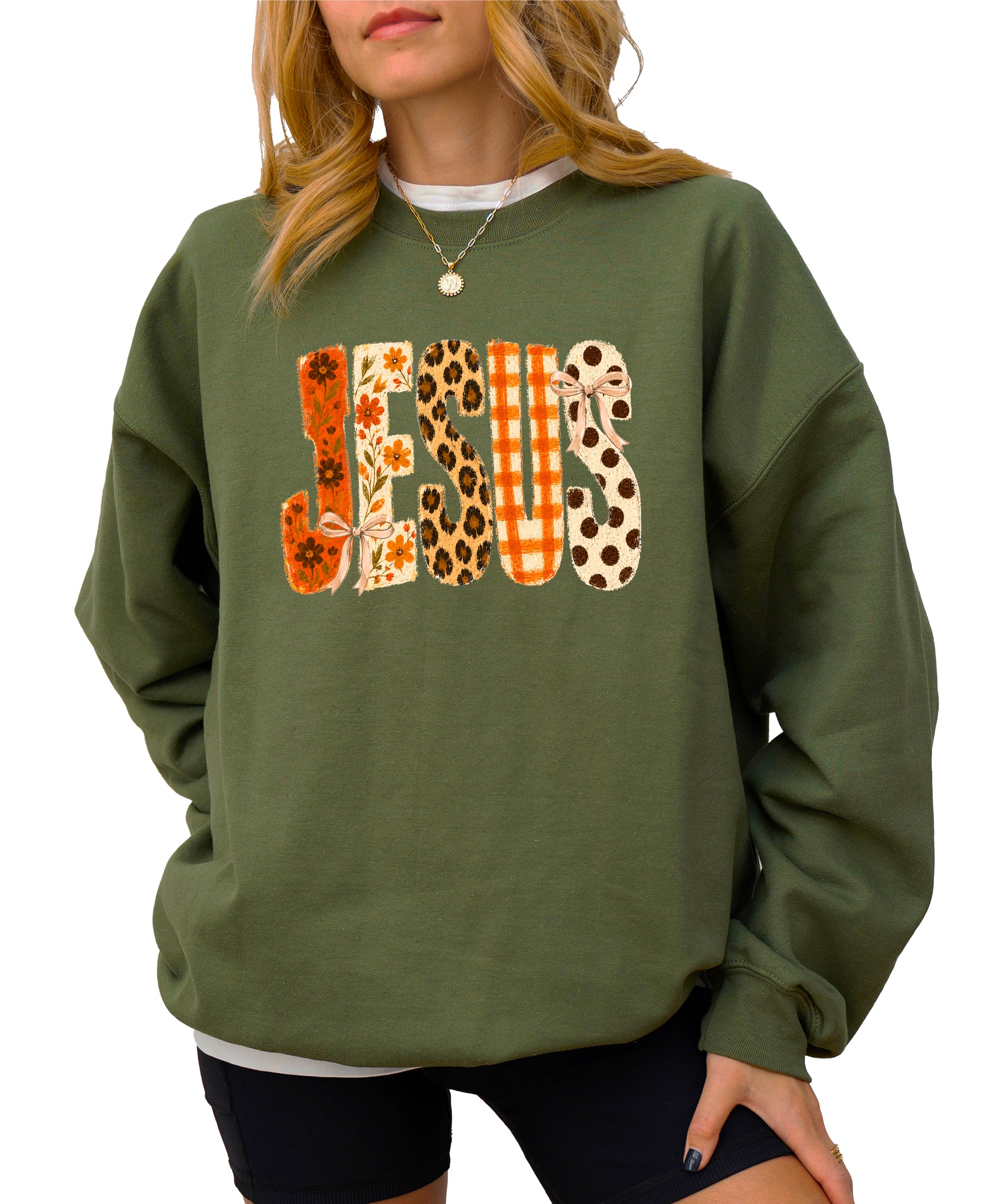 Army Green Jesus fall floral sweatshirt, close up of lettering detail