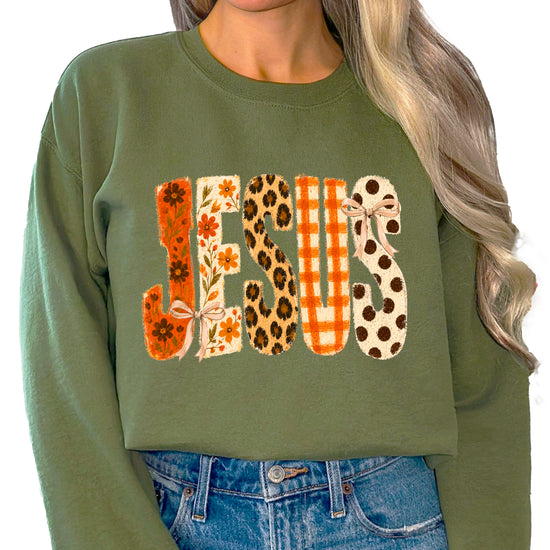 Army Green Jesus fall floral sweatshirt, flat lay with fall styling
