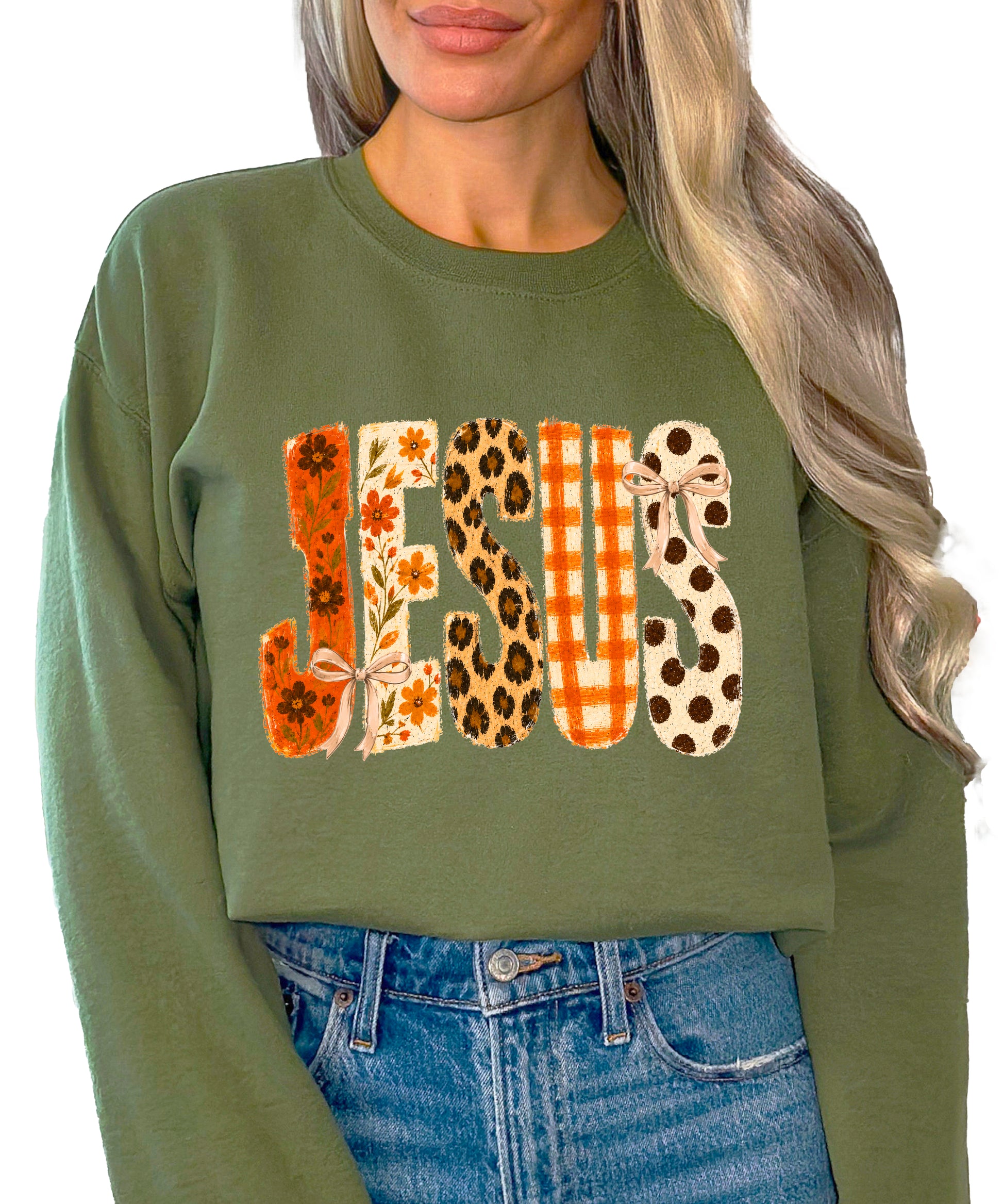 Army Green Jesus fall floral sweatshirt, flat lay with fall styling