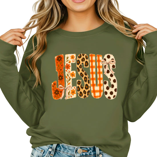 Army Green Jesus fall floral sweatshirt, lifestyle view