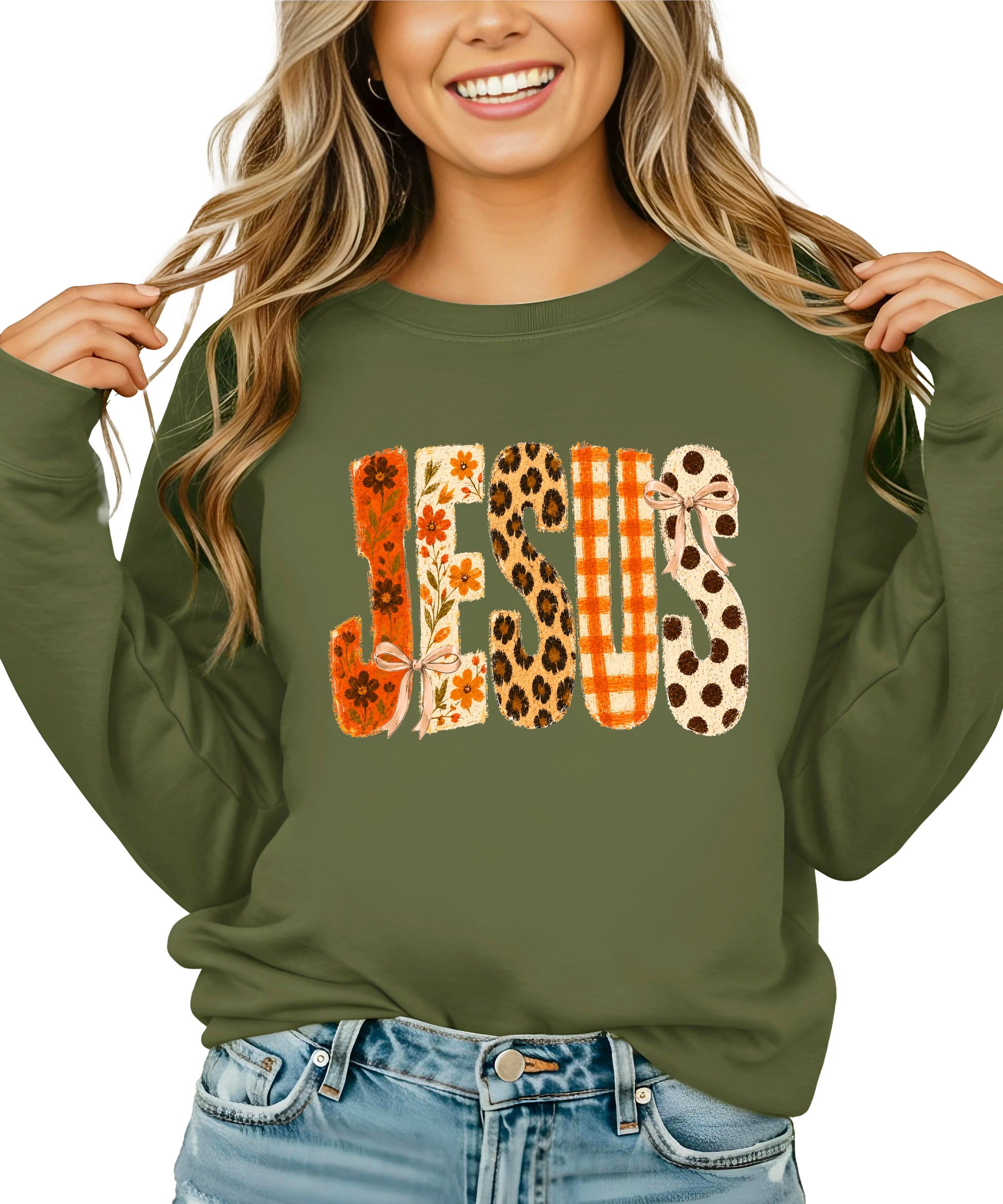 Army Green Jesus fall floral sweatshirt, lifestyle view