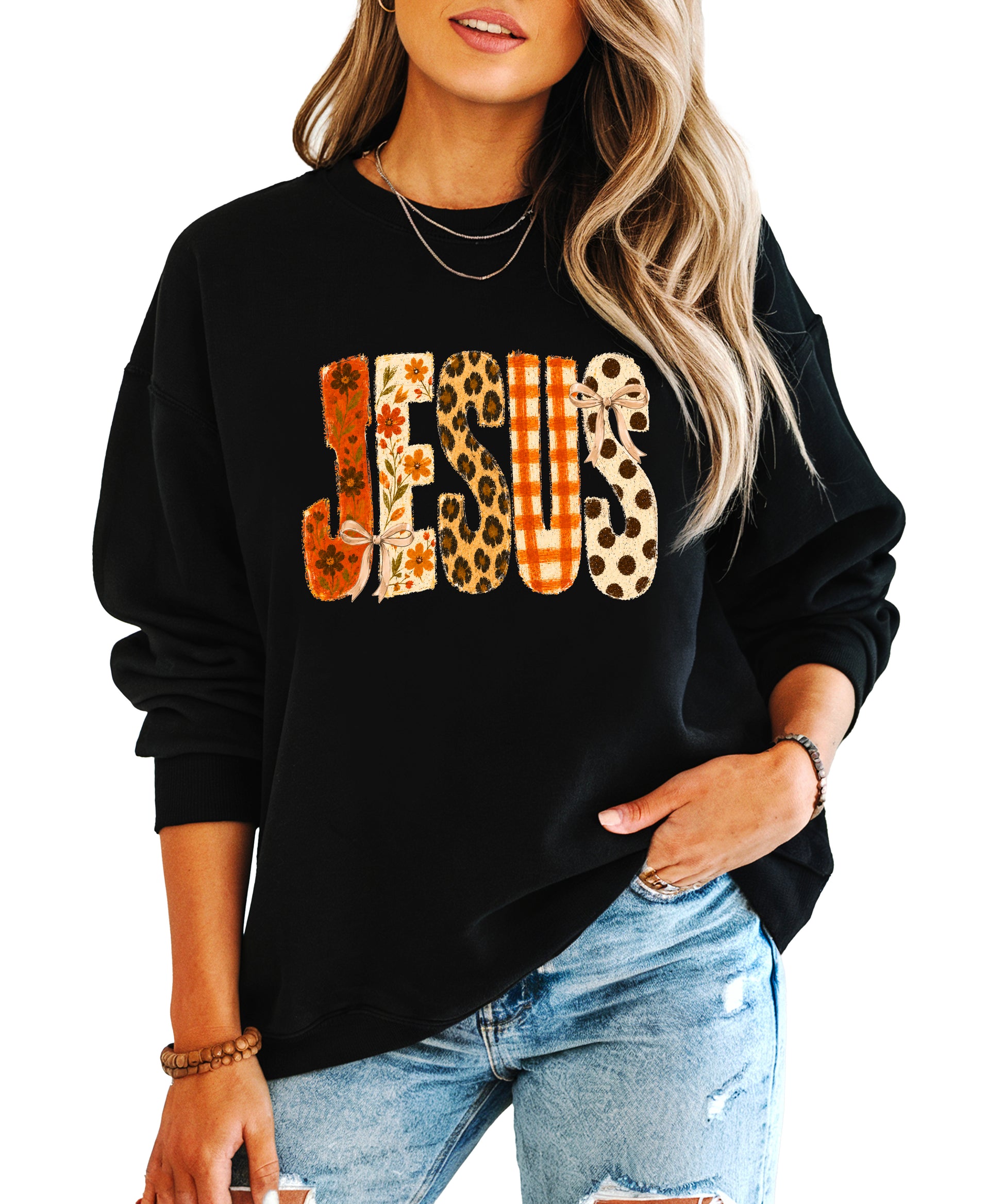 Jesus fall floral leopard Christian faith crewneck sweatshirt in Black, front view