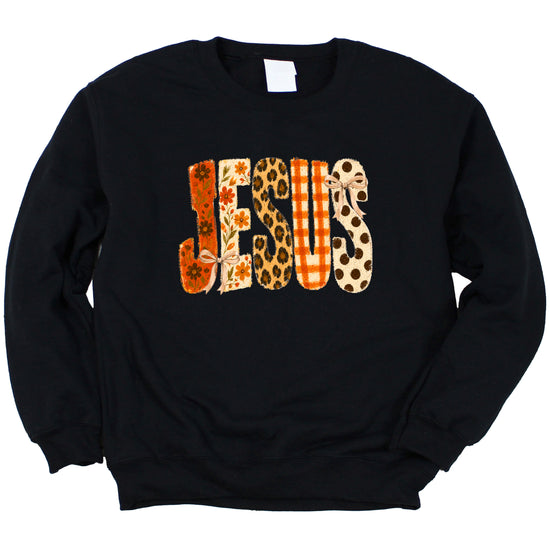 Black Jesus fall floral sweatshirt, styled on model