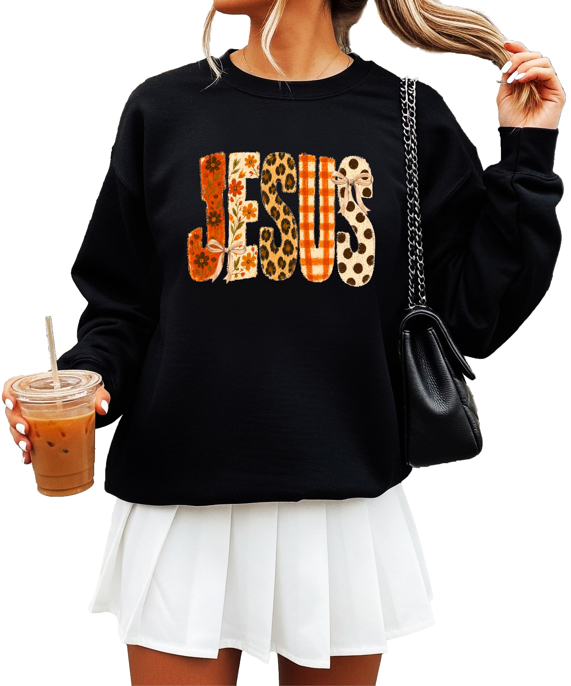 Black Jesus fall floral sweatshirt, close up of lettering detail