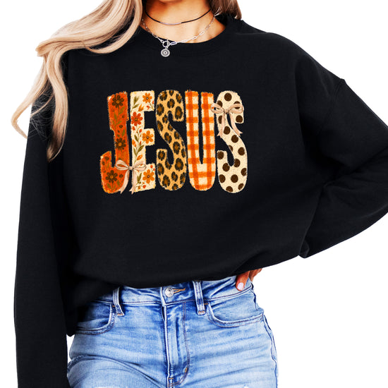 Black Jesus fall floral sweatshirt, flat lay with fall styling
