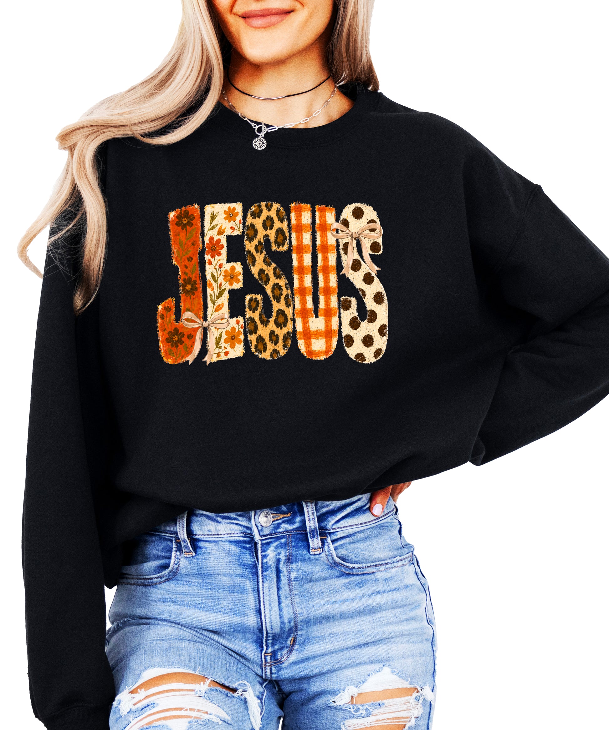 Black Jesus fall floral sweatshirt, flat lay with fall styling