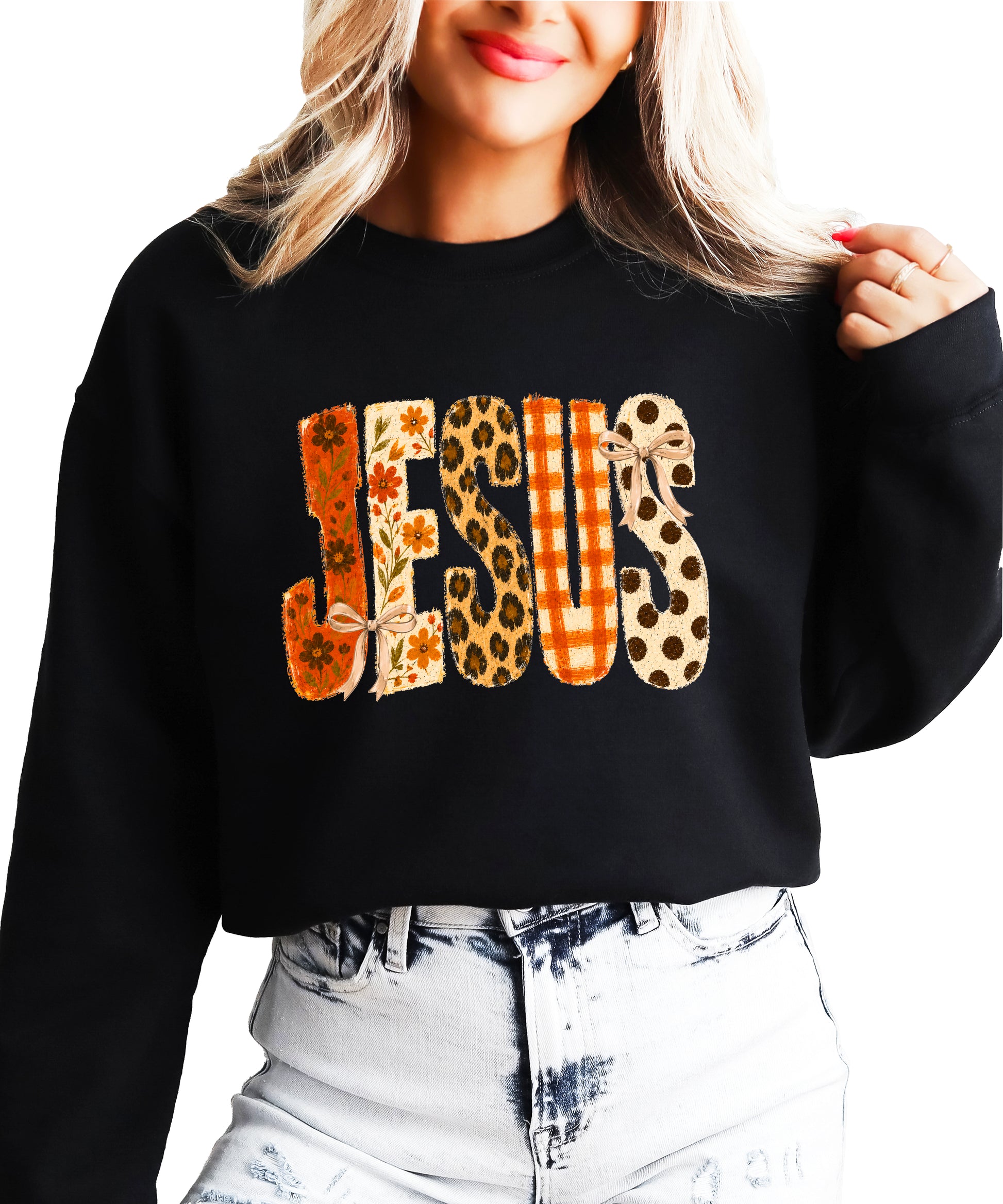 Black Jesus fall floral sweatshirt, lifestyle view