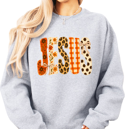 Jesus fall floral leopard Christian faith crewneck sweatshirt in Gray, front view