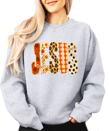 Jesus fall floral leopard Christian faith crewneck sweatshirt in Gray, front view