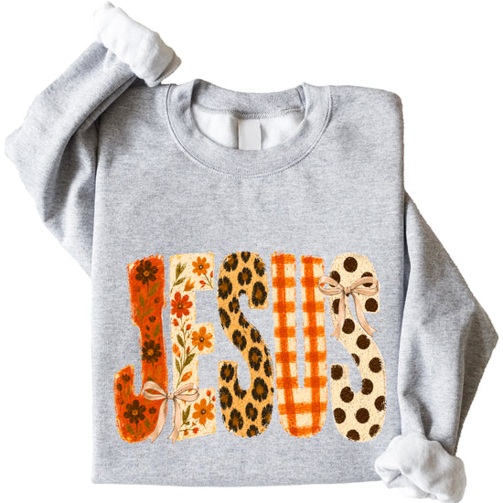 Gray Jesus fall floral sweatshirt, styled on model