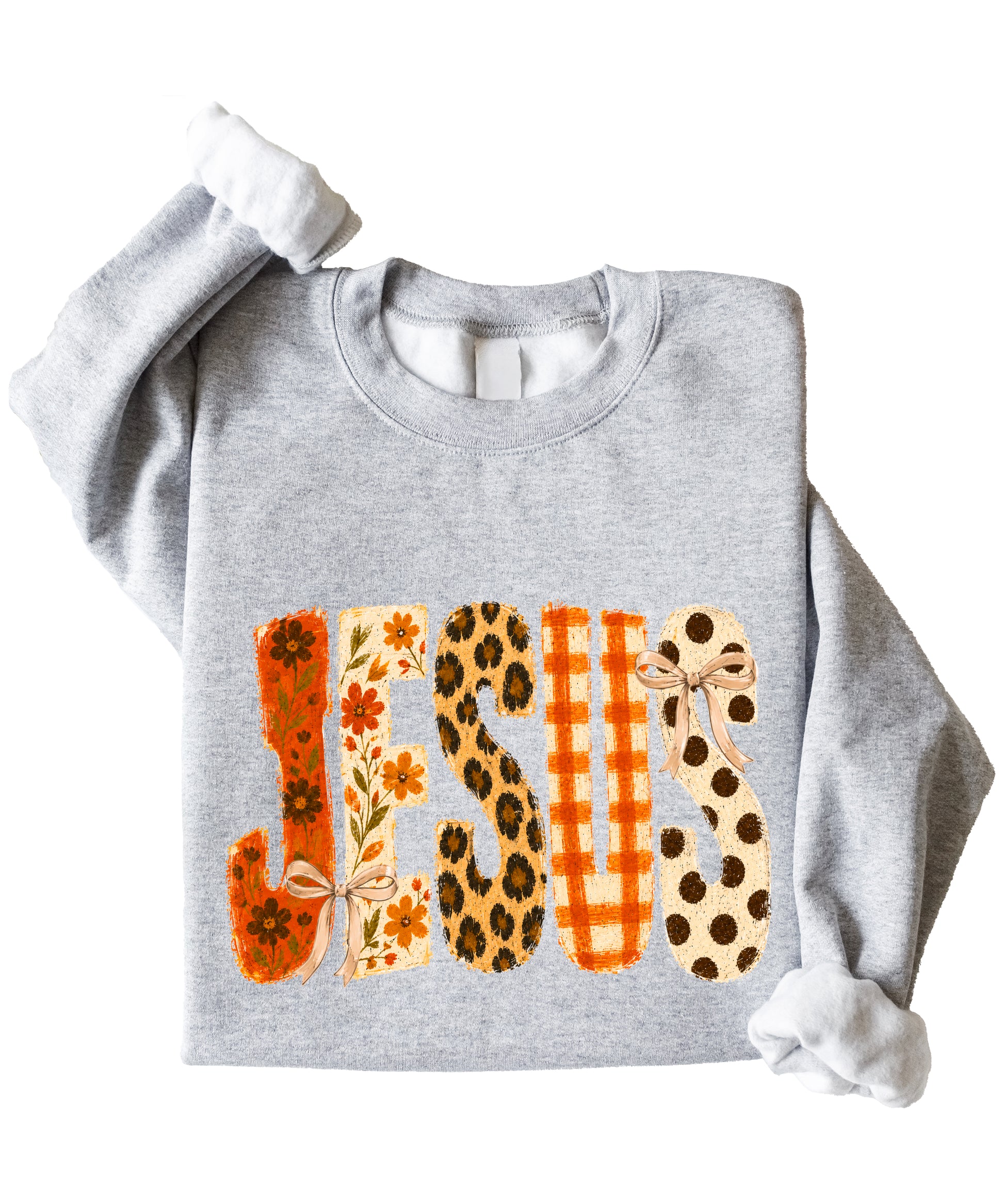Gray Jesus fall floral sweatshirt, styled on model