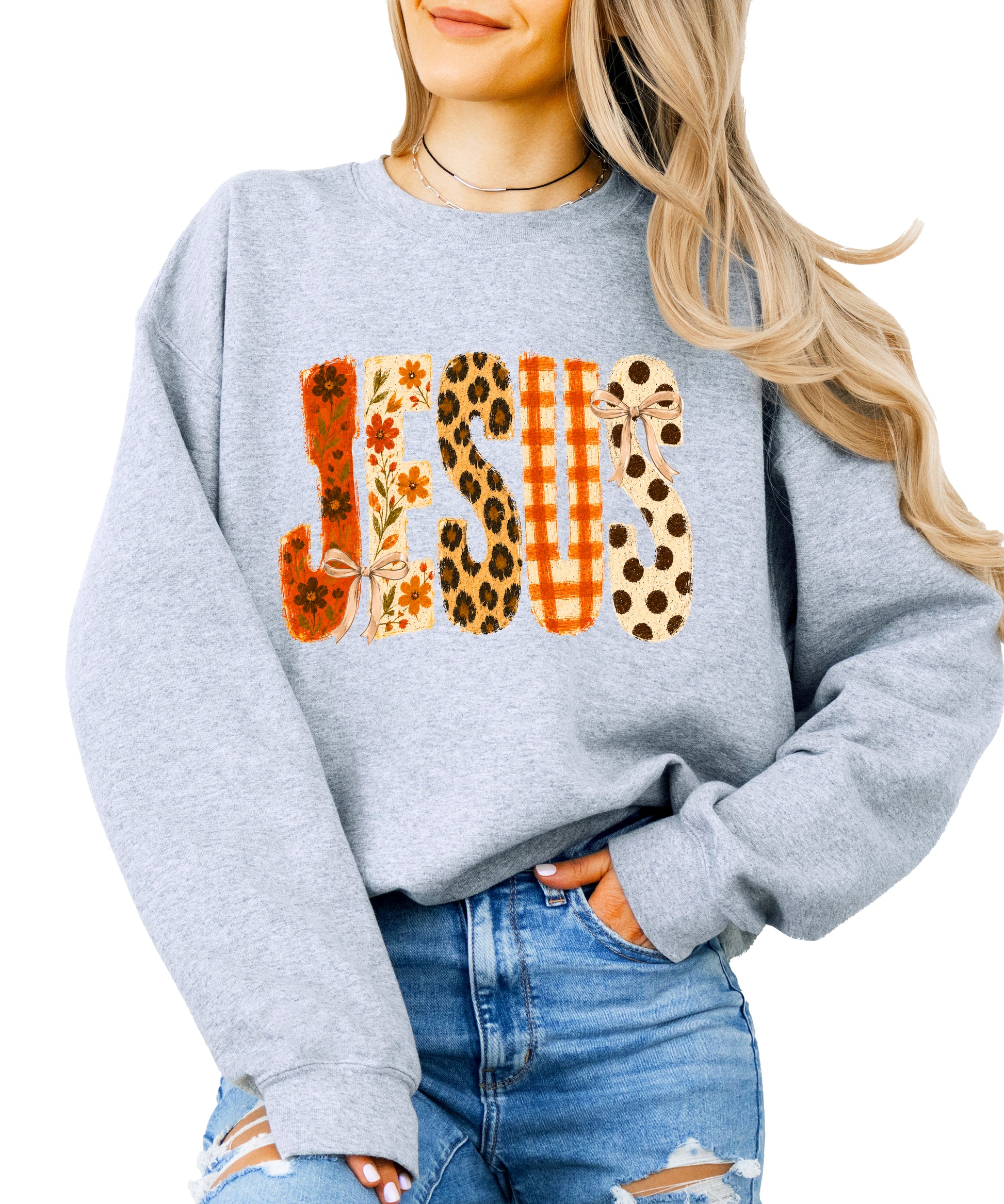 Gray Jesus fall floral sweatshirt, close up of lettering detail