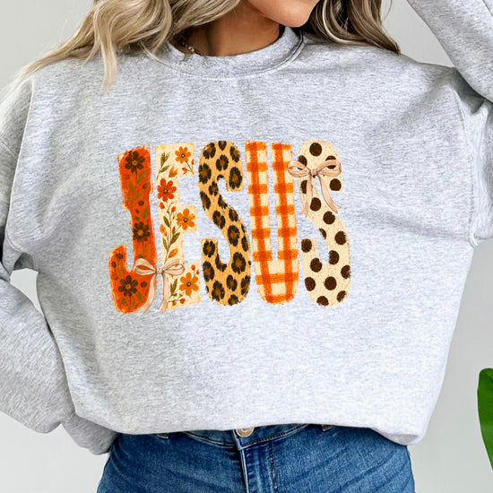 Gray Jesus fall floral sweatshirt, flat lay with fall styling