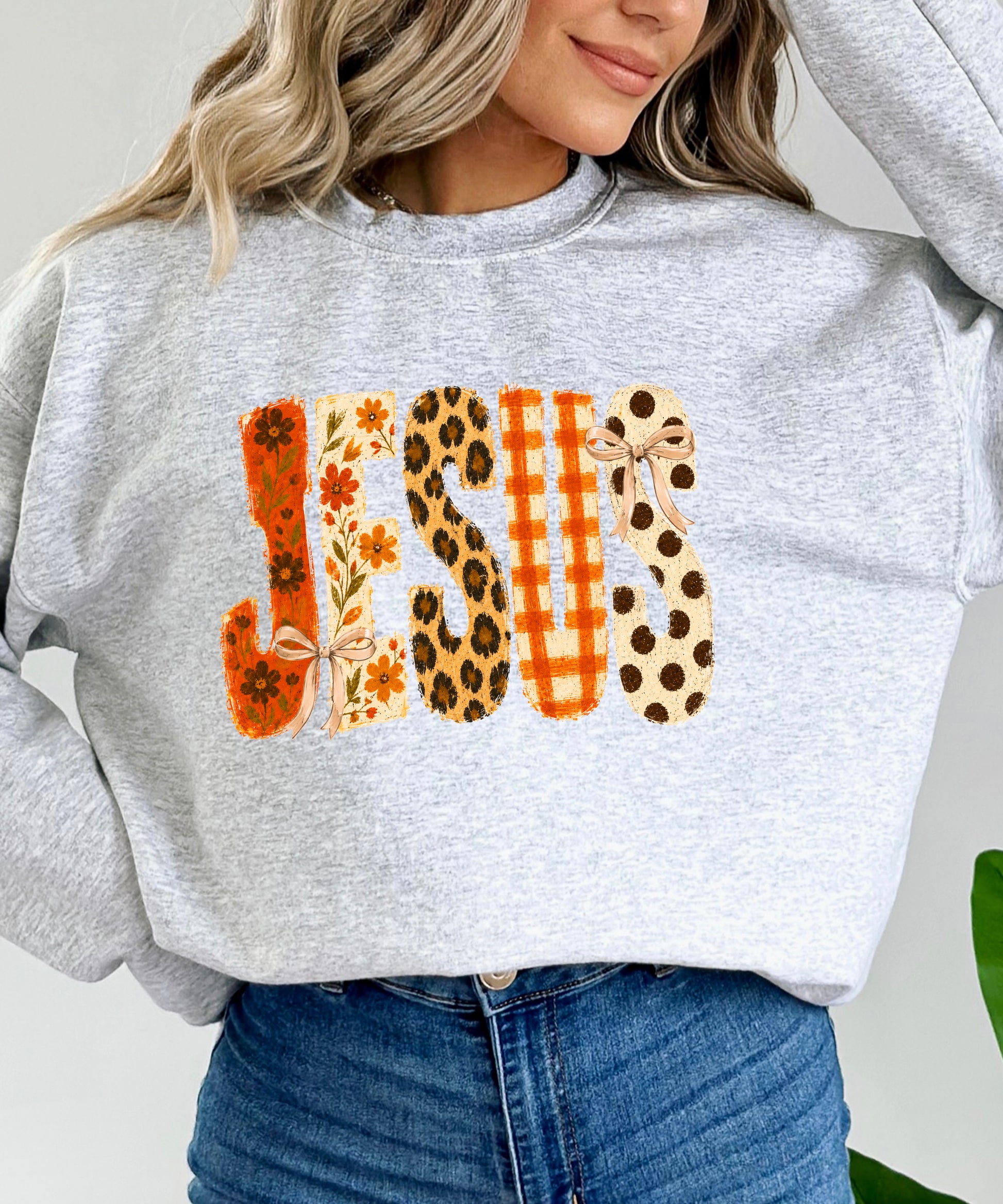 Gray Jesus fall floral sweatshirt, flat lay with fall styling