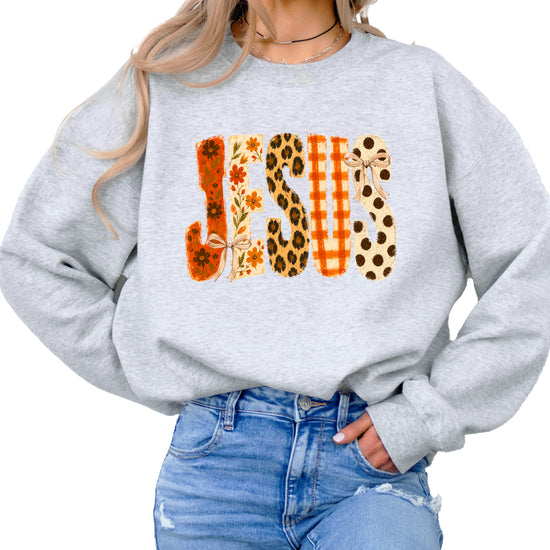 Gray Jesus fall floral sweatshirt, lifestyle view