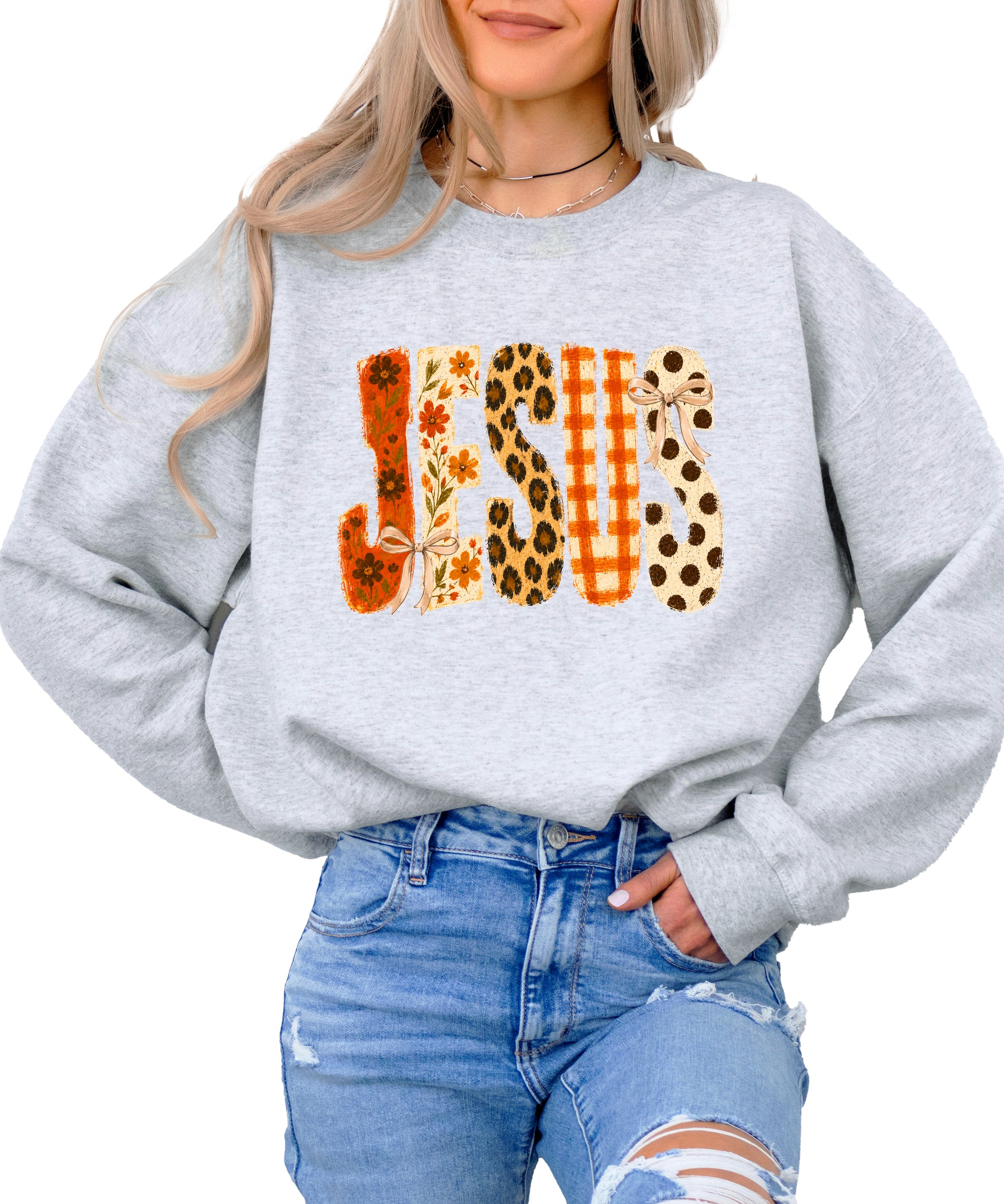 Gray Jesus fall floral sweatshirt, lifestyle view