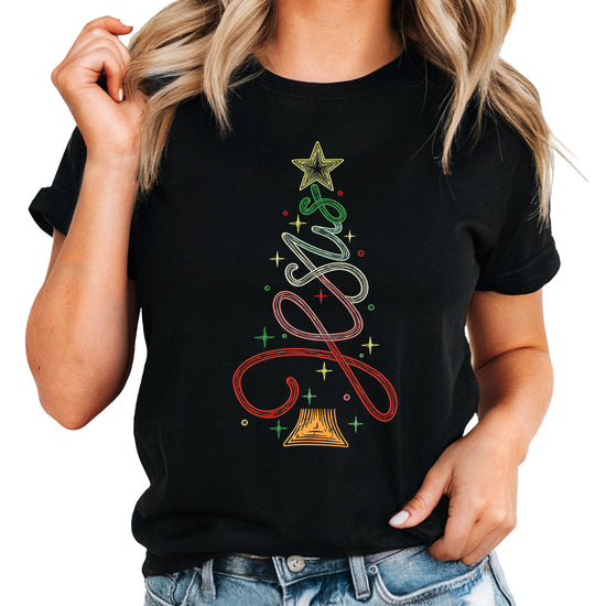 Jesus Christmas tree womens black t-shirt