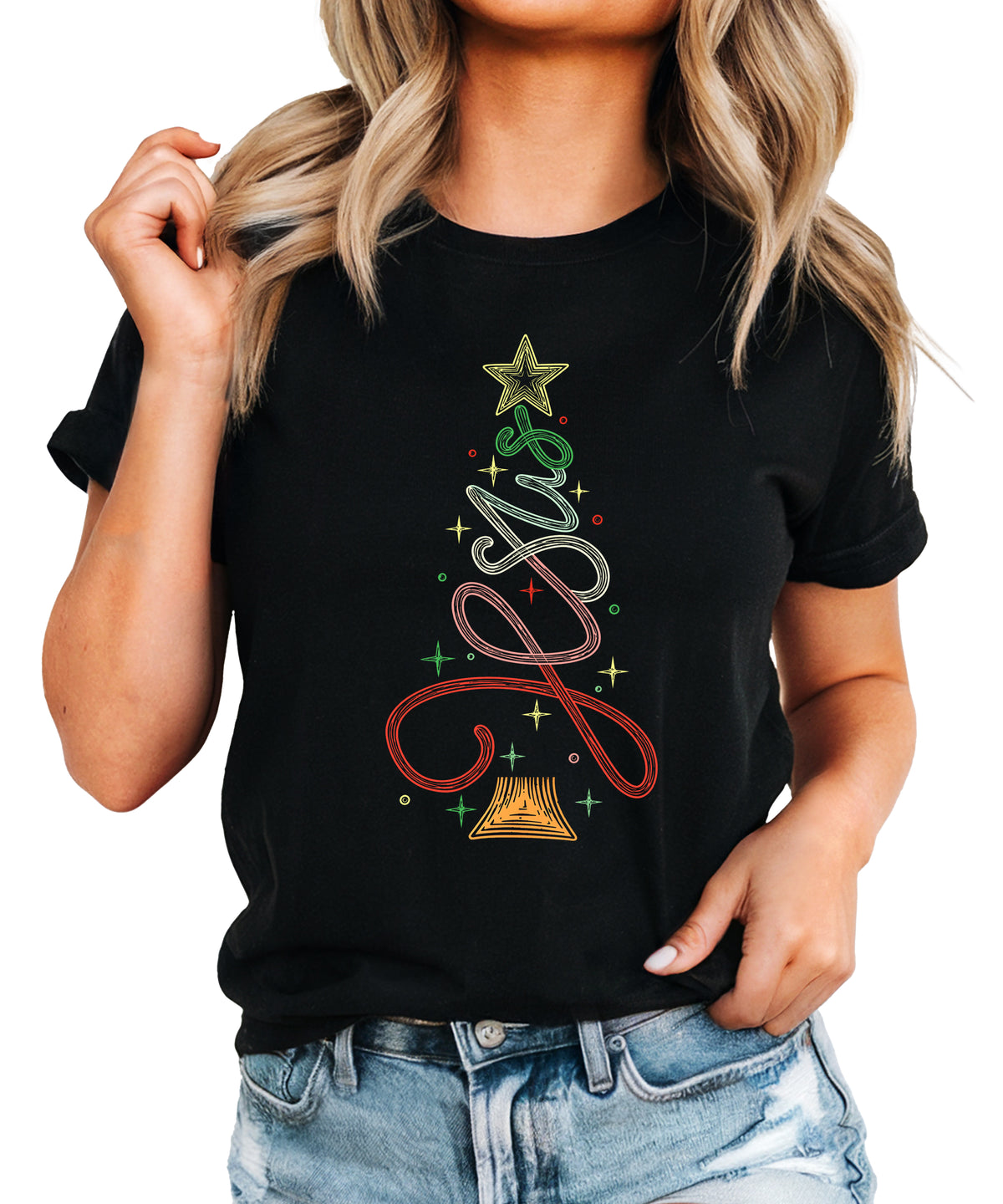 Jesus Christmas tree womens black t-shirt
