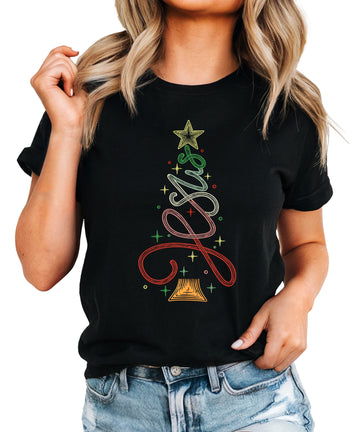 Jesus Christmas tree womens black t-shirt