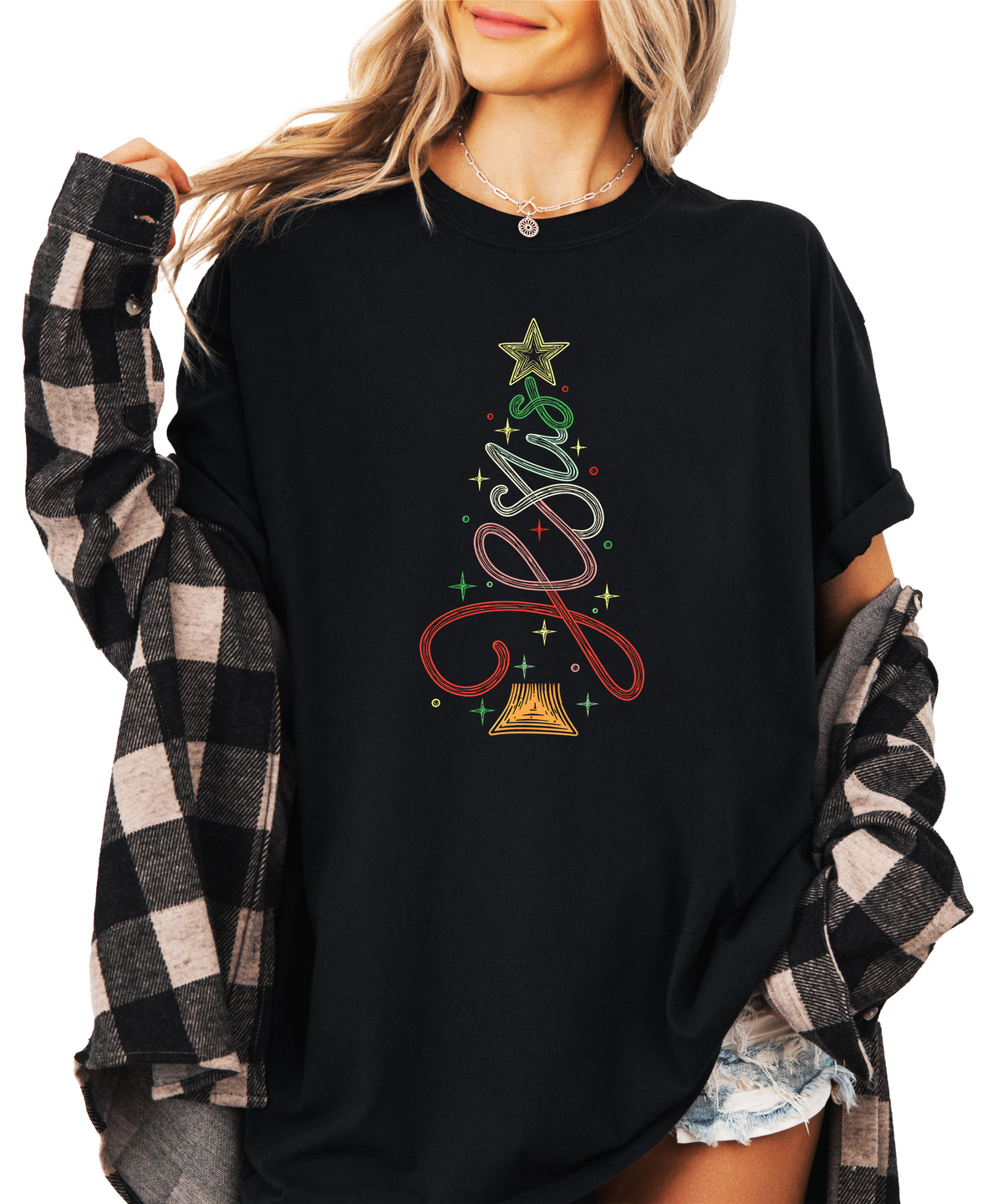 Jesus Christmas tree womens black t-shirt