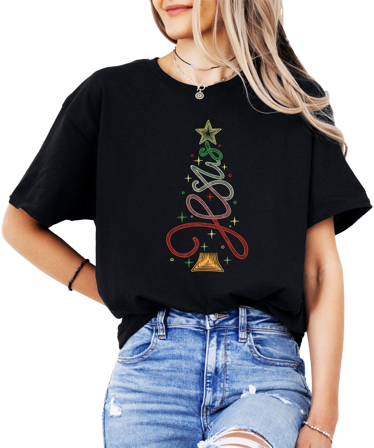 Jesus Christmas tree womens black t-shirt