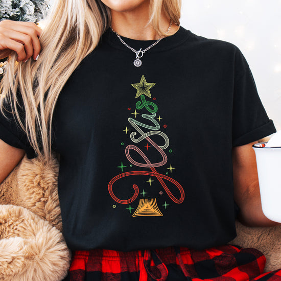 Jesus Christmas tree womens black t-shirt