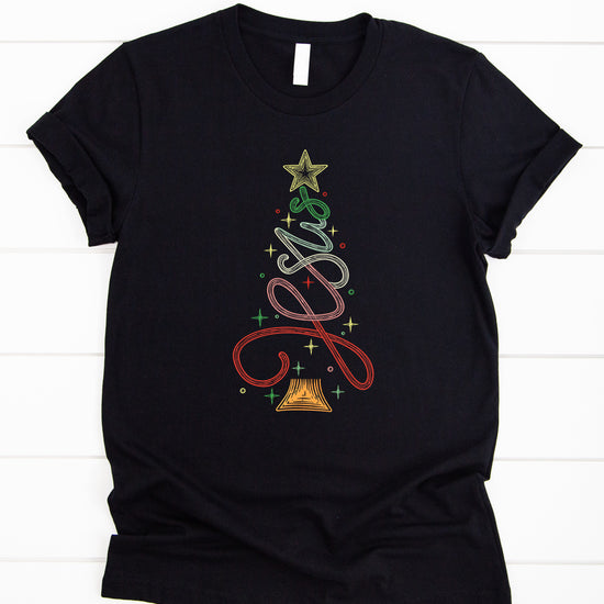 Jesus Christmas tree womens black t-shirt