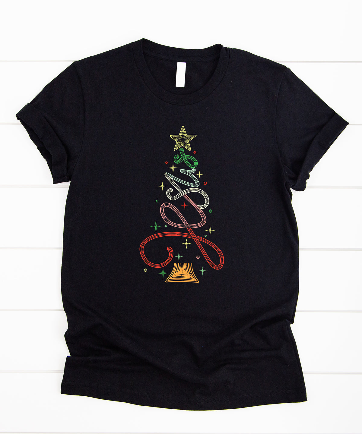 Jesus Christmas tree womens black t-shirt