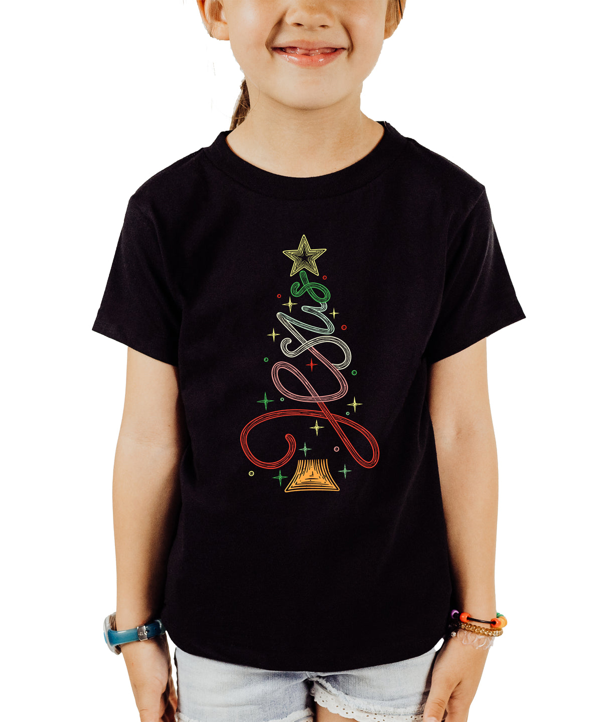 Jesus Christmas tree kids girls black t-shirt