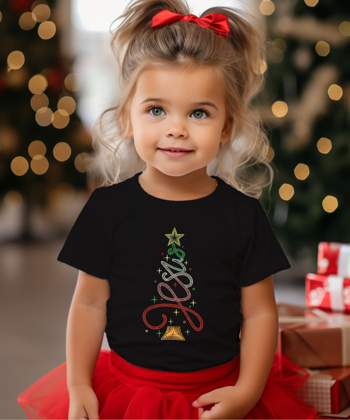 Jesus Christmas tree kids girls black t-shirt