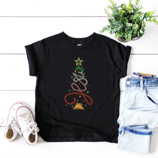 Jesus Christmas tree kids girls black t-shirt