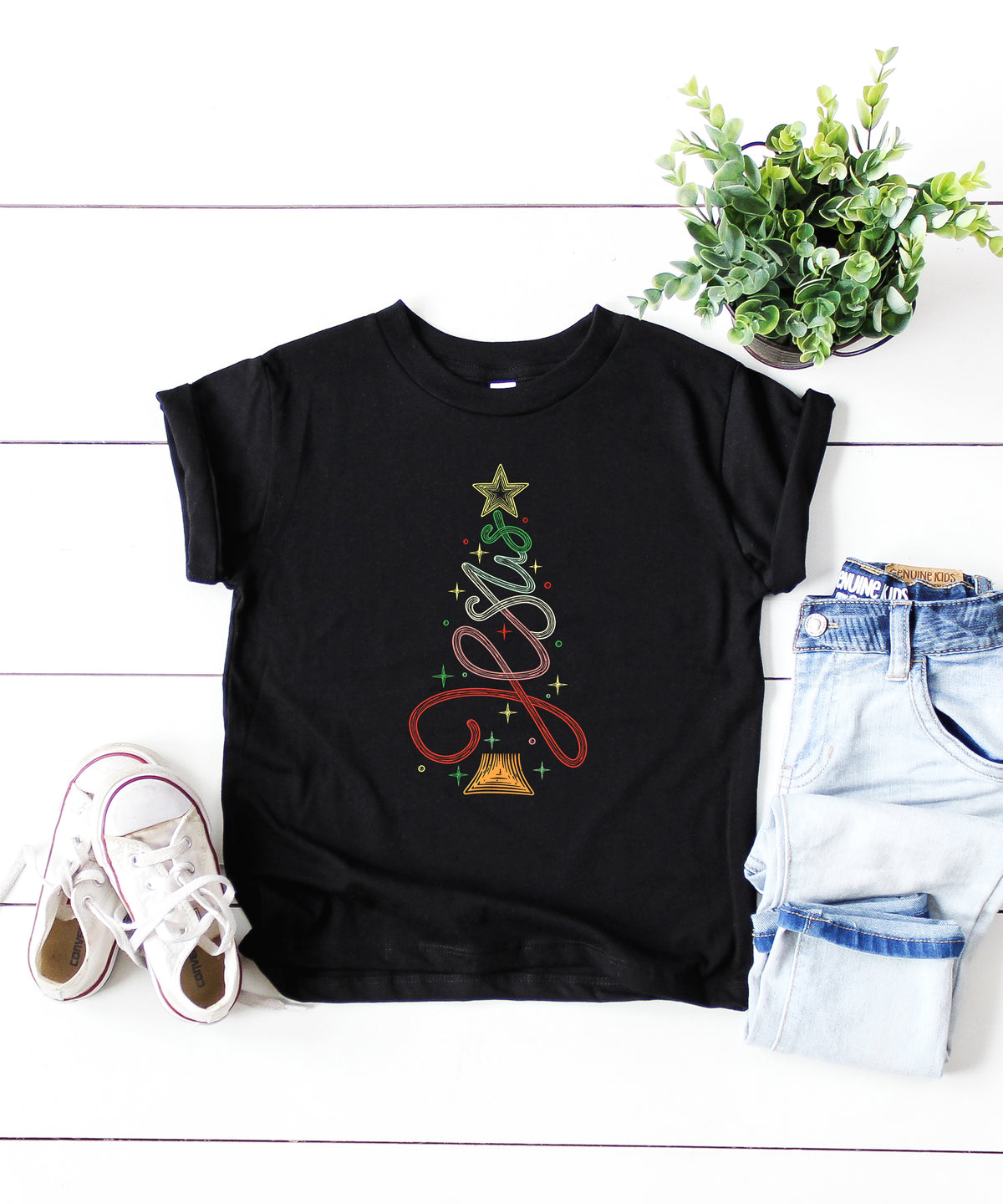 Jesus Christmas tree kids girls black t-shirt