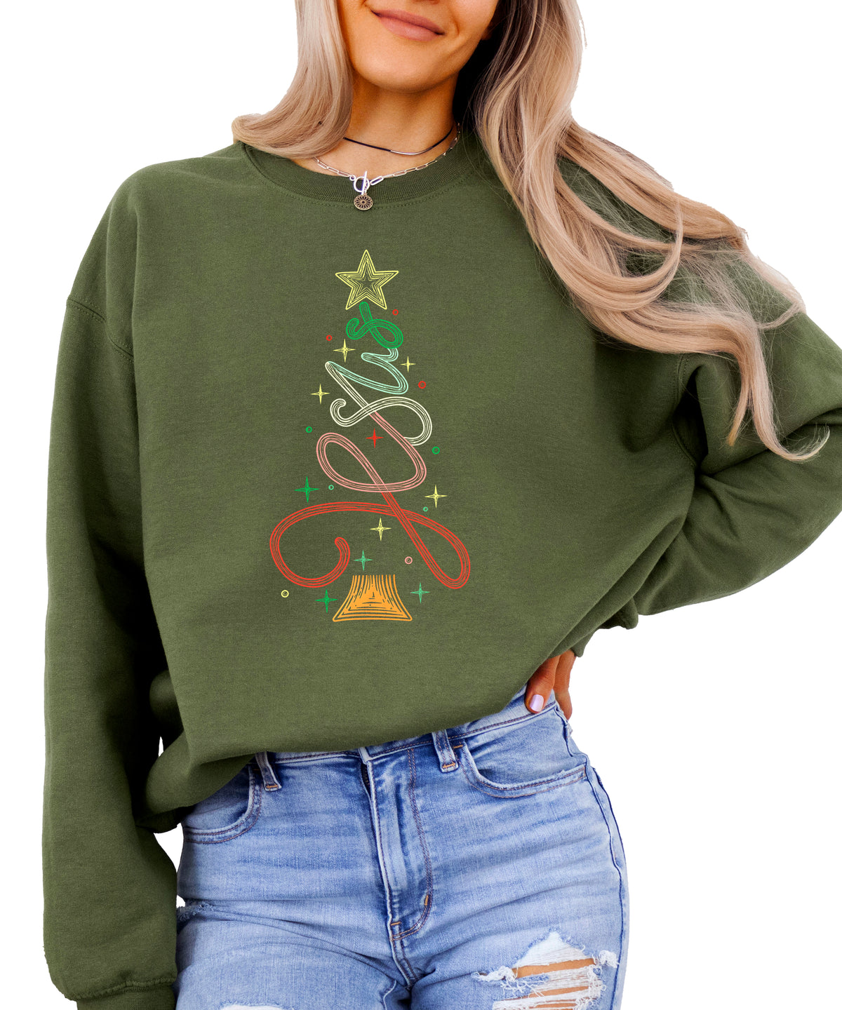 Jesus Christmas Tree Christian Sweatshirt Army Green