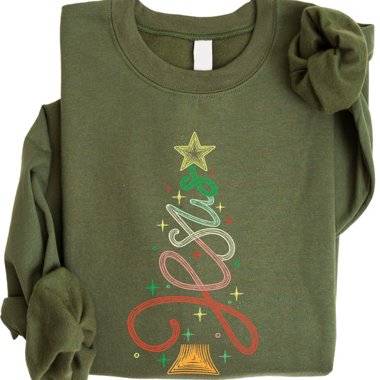 Jesus Christmas Tree Christian Sweatshirt Army Green