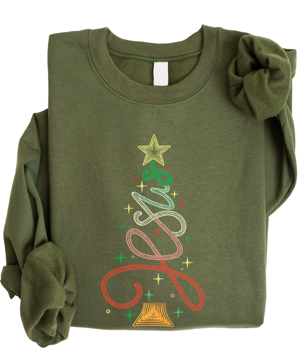 Jesus Christmas Tree Christian Sweatshirt Army Green