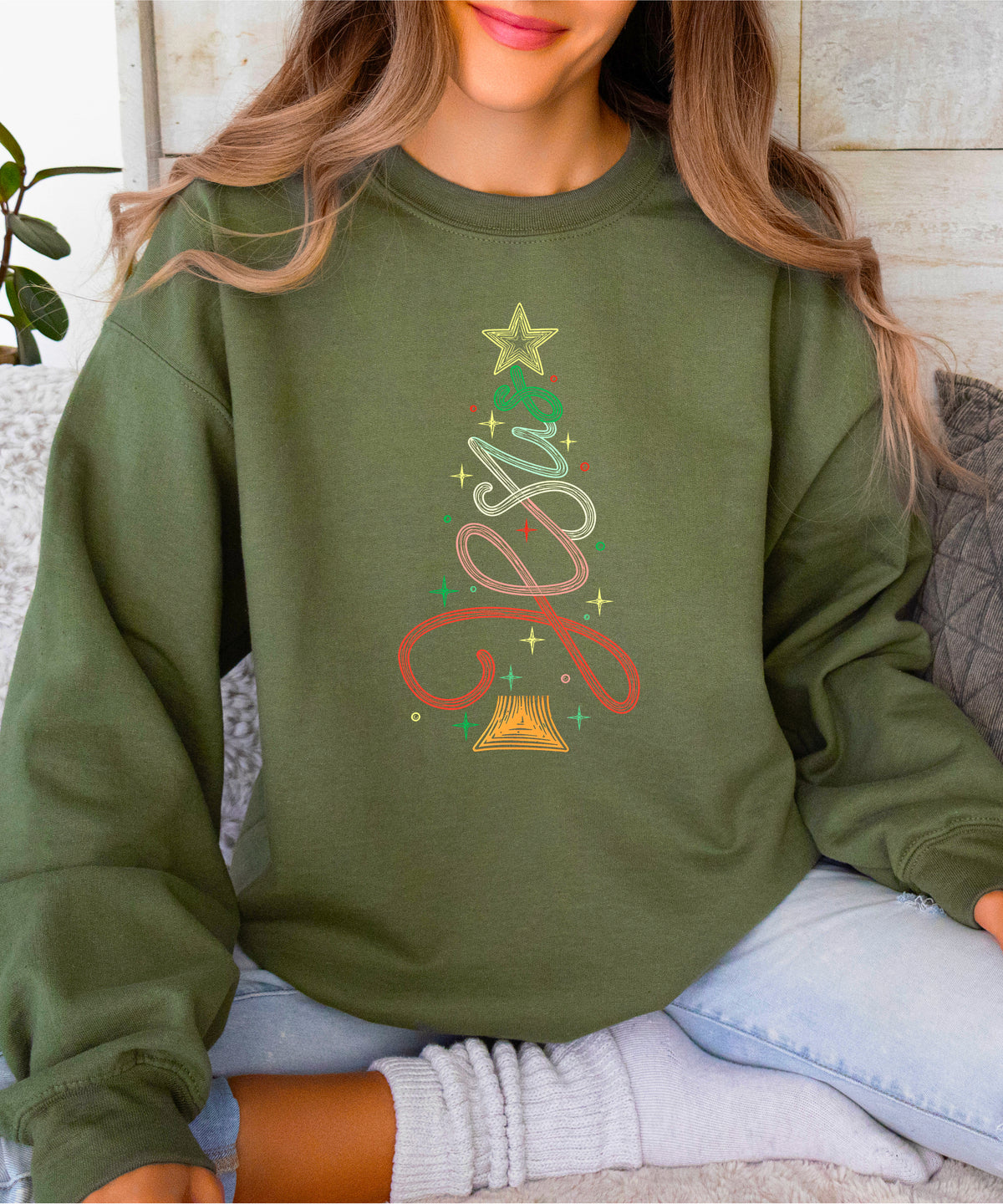 Jesus Christmas Tree Christian Sweatshirt Army Green