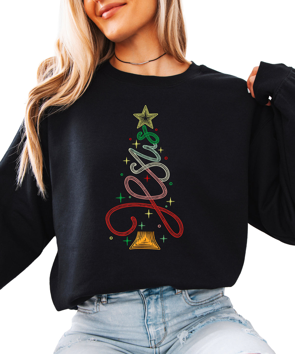 Jesus Christmas Tree Christian Sweatshirt Black